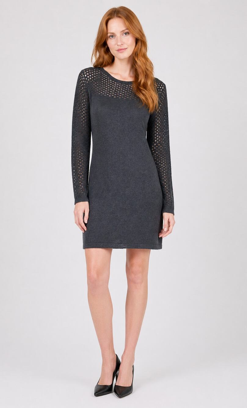 Cynthia Rowley Womens Sweater Dress Merino Wool Open Knit Sleeves Size M Grey